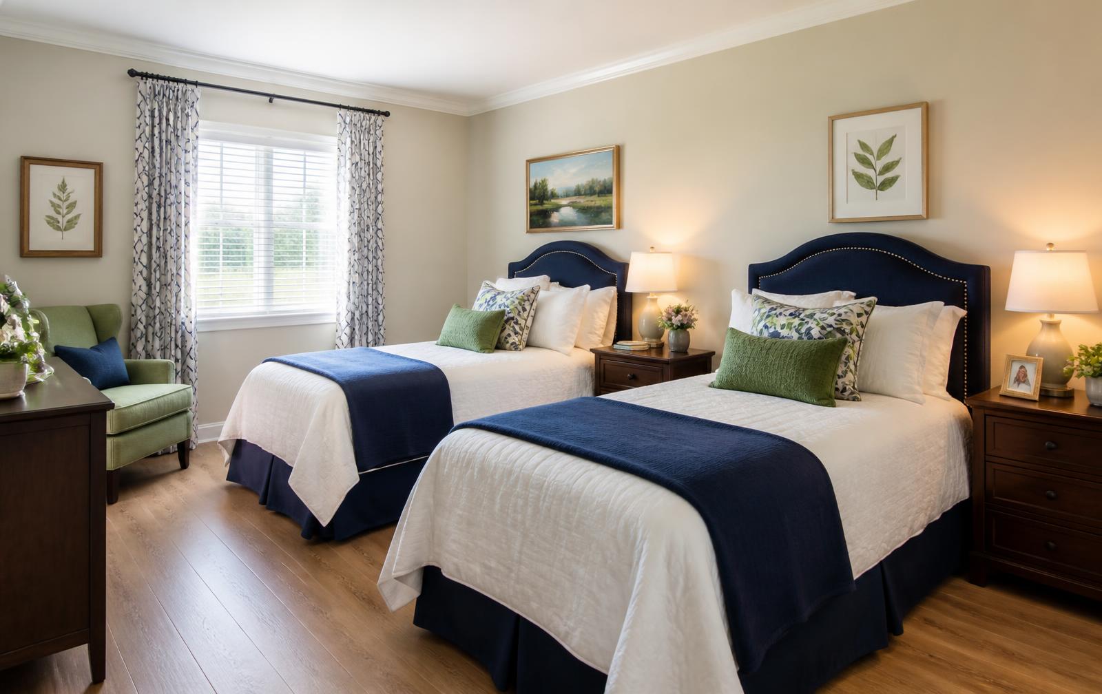 A shared bedroom with two twin beds made up in navy and green bedding